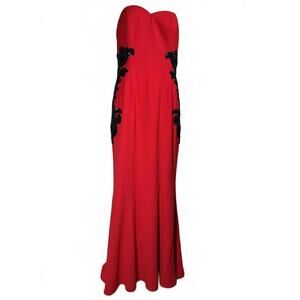 Monique Lhuillier Strapless Long Dress Gown Size 10 Red Lace Embellished Train